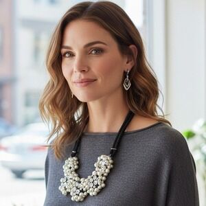 Chicos Faux Pearl Crystal Bib Statement Necklace and Drop Earring Set Glam